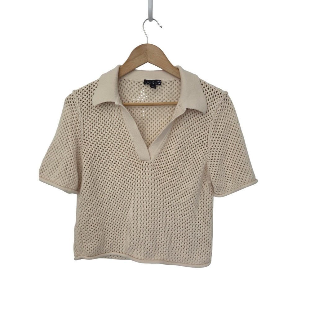 J. Crew Crochet Beach Polo Shirt Open Knit Mesh Womens L Beige BJ483